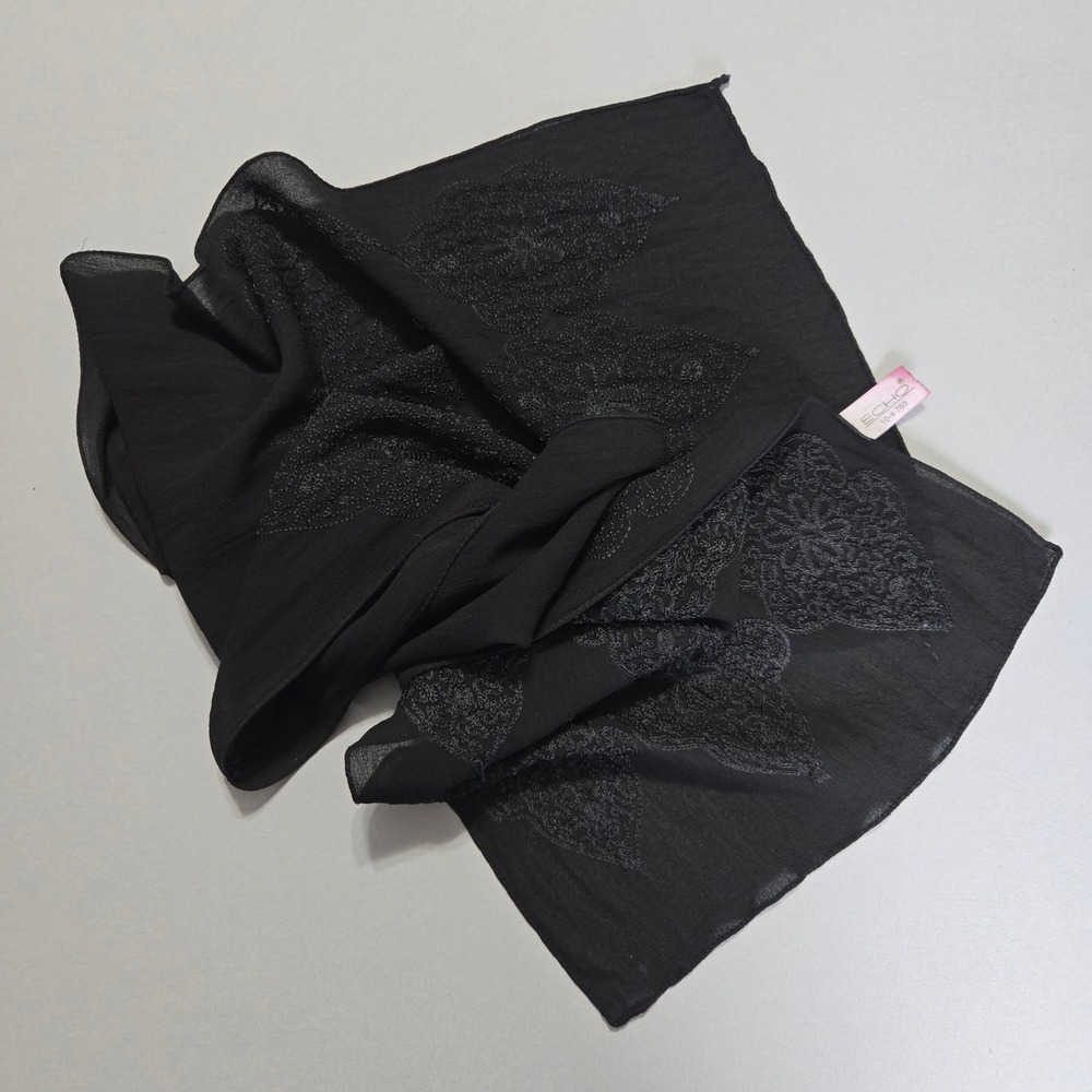 Echo Scarf Shawl‎ Floral Medallion 59x11.5 Black Sheer Embroidered Rayon